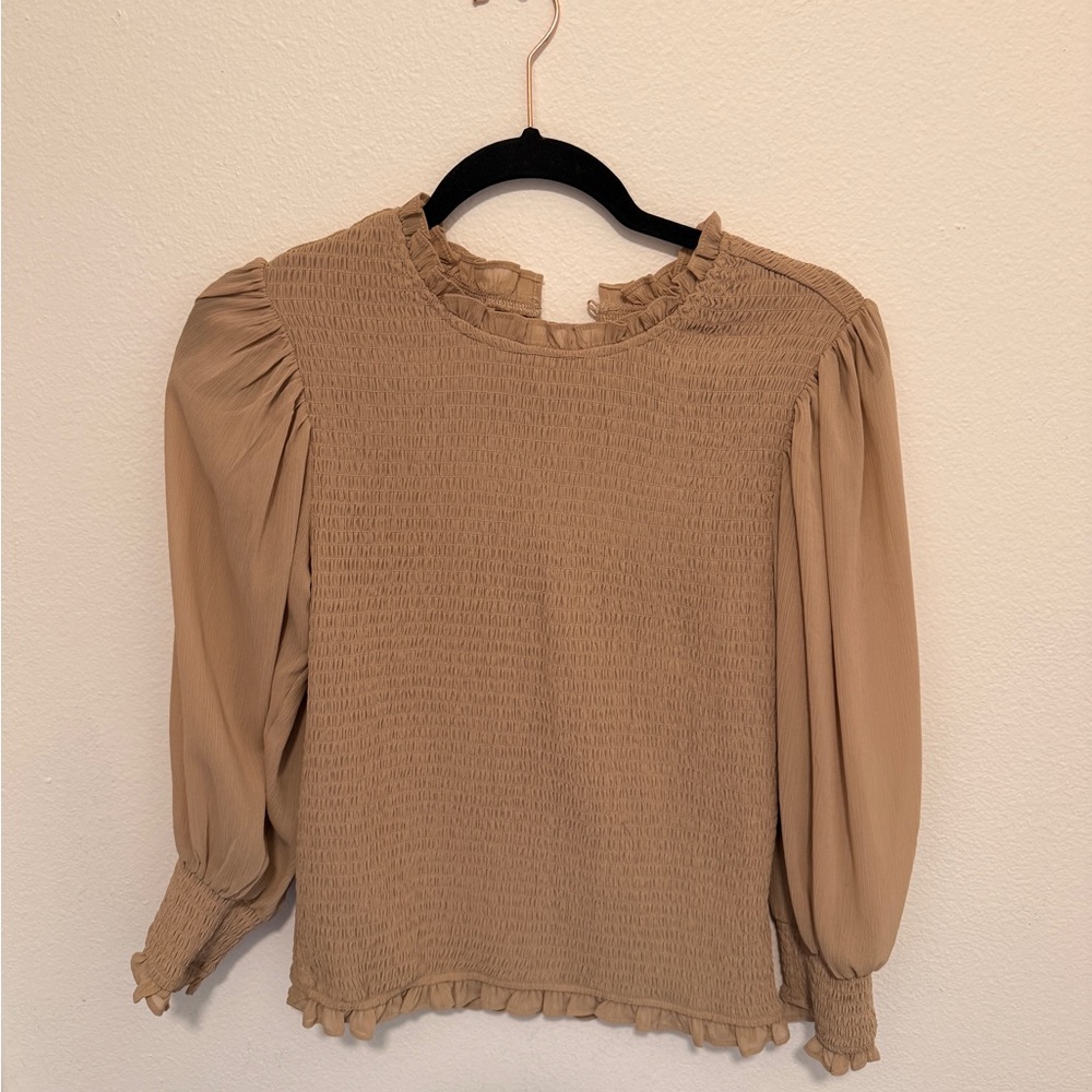 Express Tan Smocked Blouse with Ruffle Details